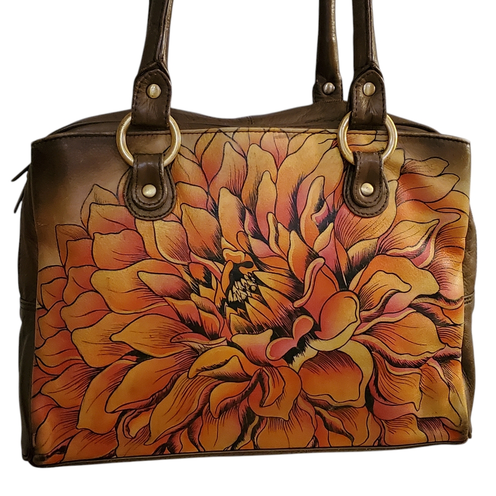 Anuschka Purse Dreamy Dahlia Bronze Hand Painted Leather Orange Flower Sunflower